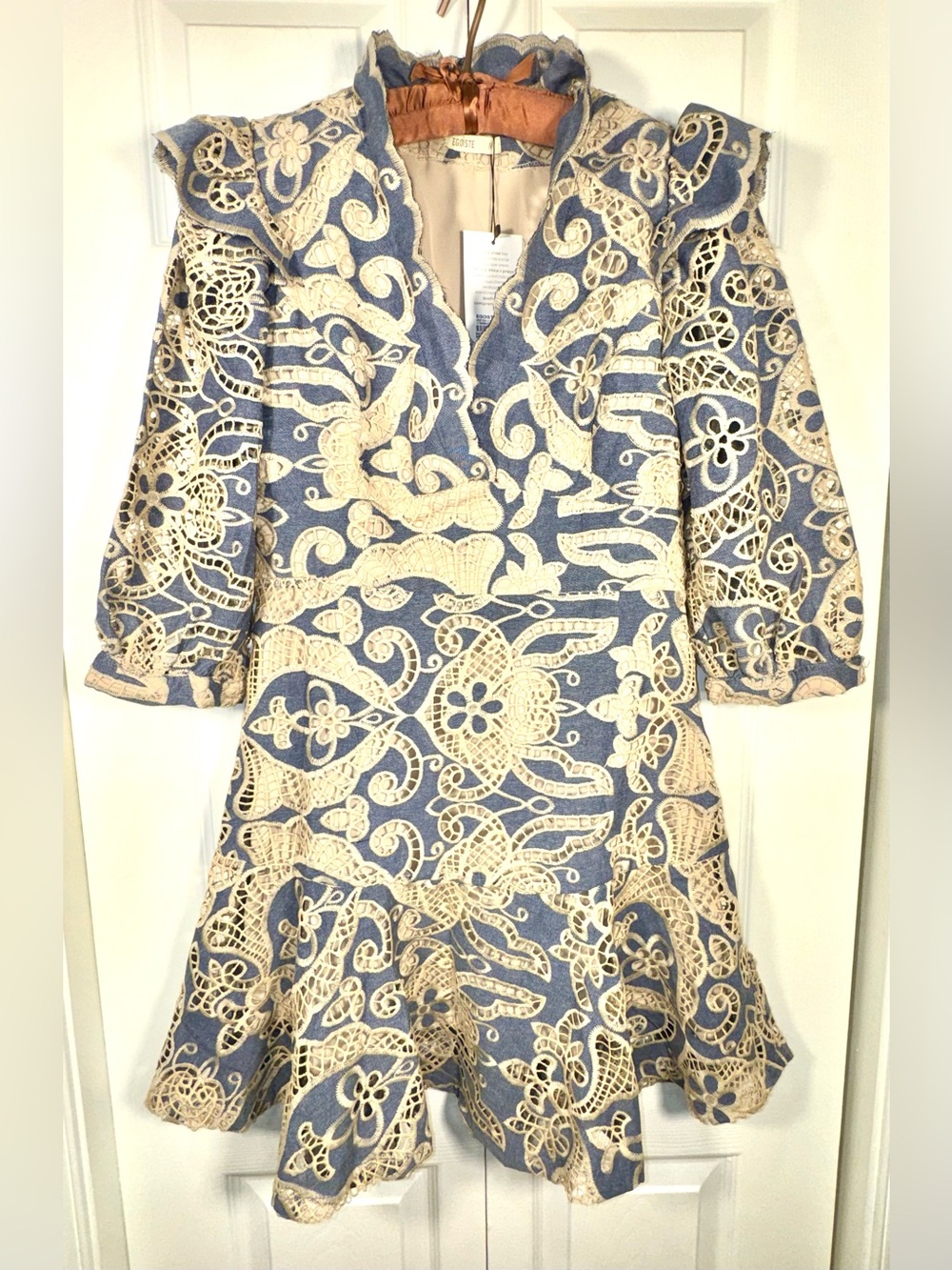 EGOISTE Guipure Lace Embroidered Mini Dress NWT Blue Beige Size M